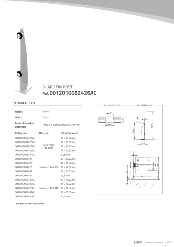 Post with shark fin for glass balustrades