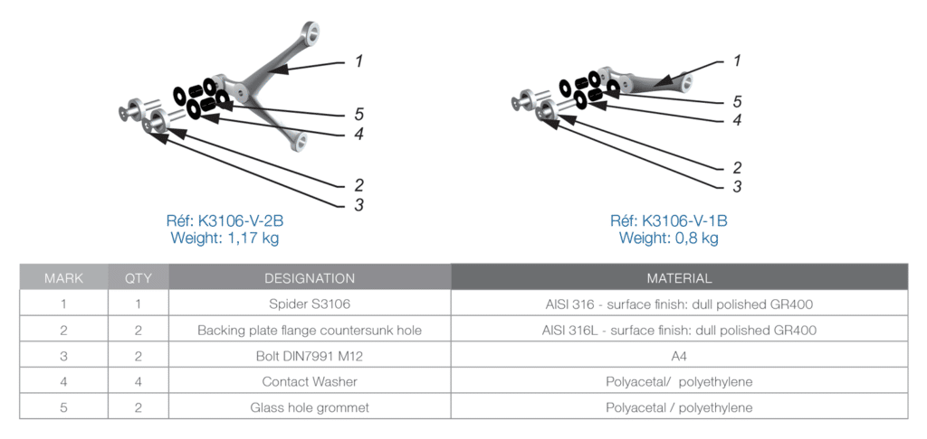 Spider Fitting with Plate for Point Fixed Architectural Glass - Thin Design - Stainless Steel AISI 316