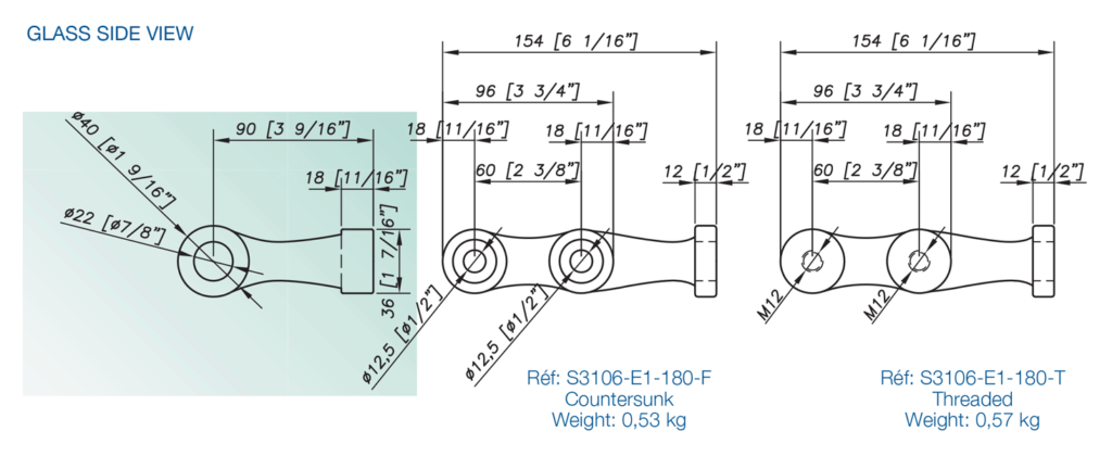 Spider Fitting with Plate for Point Fixed Architectural Glass - Thin Design - Stainless Steel AISI 316