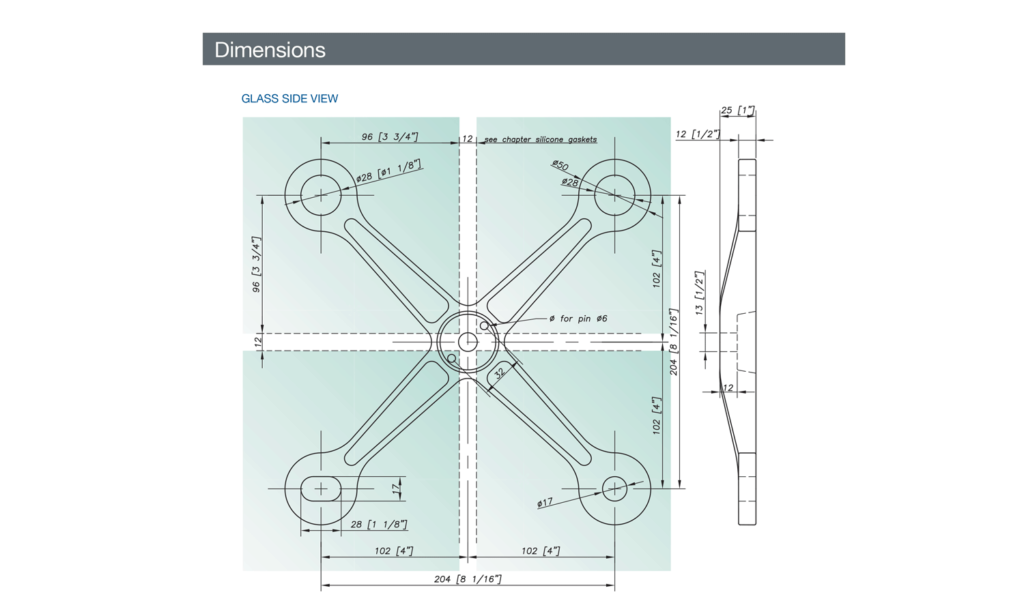 Spider Fitting - Stainless Steel AISI 316 for Point Fixed Architectural Glass - Technical evaluation - Seismic Option available - Faceted Design