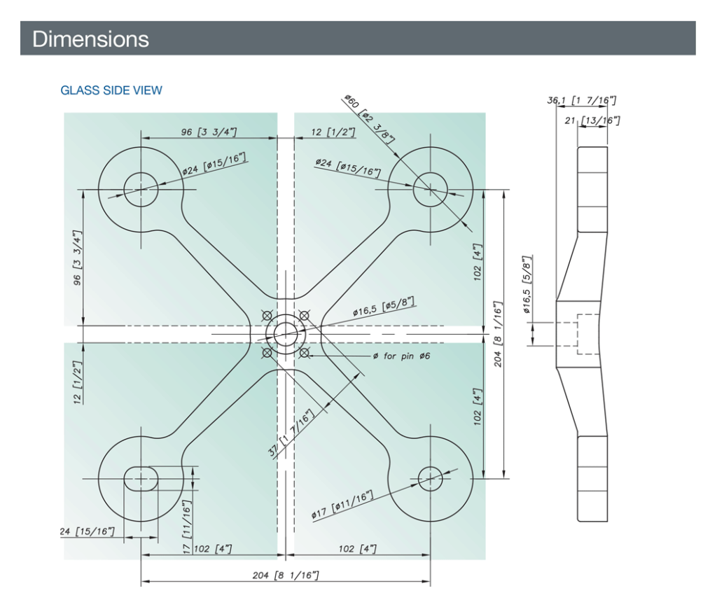 Spider Fitting for Point Fixed Architectural Glass - Stainless Steel Duplex Uranus 45N - High Corrosion Resistance - Technical evaluation - Faceted Design