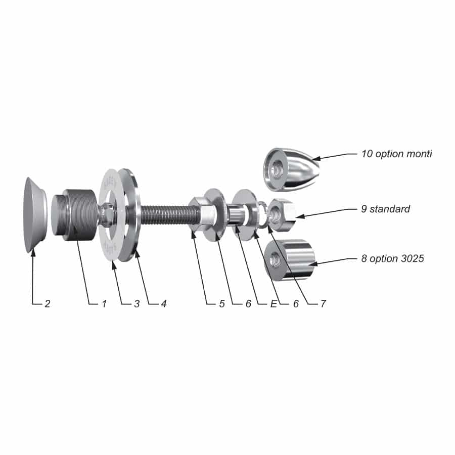 Swivel fitting - rotule - for structural bolted glass - countersunk head - the head is laminated between layers of glass